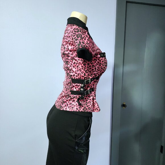 Late 90s / Y2K Lip Service Pink Leopard Print Button Up With Buckles Military S - Picture 2 of 6